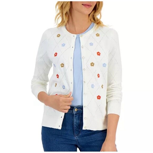 Charter Club Embroidery Flower Faux Pearl Argyle Cardigan Sz L - Picture 1 of 8